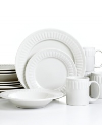An everyday classic, Sparta dinnerware from Pfaltzgraff boasts durable porcelain with a timeless white glaze. Embossed columns and dots add character to this versatile set for tables of four. An everyday classic, Sparta dinnerware from Pfaltzgraff boasts durable porcelain with a timeless white glaze. Embossed columns and dots add character to this versatile set for tables of four.