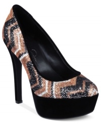 The dark suede platform of Jessica Simpson's Devin pumps makes this style a shoe-in for excellent style. The dark suede platform of Jessica Simpson's Devin pumps makes this style a shoe-in for excellent style.