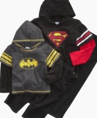 Supercool for your superhero: Warner Brothers Kids' two-piece set pairs jeans-style pants with a layered-look hoodie tee featuring a vintage-look emblem and striped armbands. Supercool for your superhero: Warner Brothers Kids' two-piece set pairs jeans-style pants with a layered-look hoodie tee featuring a vintage-look emblem and striped armbands.