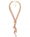 Feminine and fashionable. Betsey Johnson's antique gold tone mixed metal y-shaped necklace features multiple gold-tone chains, pink crystal cup chain accents, a gold-tone bubble heart, and pink teardrop crystals. An ombre pave-covered gold-tone rose is prominently placed in the middle. Approximately 18 inches + 3-inch extender. Approximate drop: 6-3/4 inches.