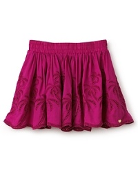 Eyelet gets an update with a fabulous palm trees motif and a high-voltage hue to create an adorable skirt that's perfect for a pool party. Eyelet gets an update with a fabulous palm trees motif and a high-voltage hue to create an adorable skirt that's perfect for a pool party.