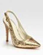 Glittery leather pump has an adjustable slingback, metallic leather trim and a traditional point toe. Self-covered heel, 4 (100mm)Glitter-coated leather and metallic leather upperLeather lining and solePadded insoleImportedOUR FIT MODEL RECOMMENDS ordering one size up as this style runs small. 