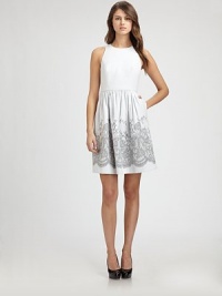 This feminine, full-skirted jacquard design is banded with a delicate lacy pattern.Jewel necklineSleevelessSide slash pocketsConcealed back zipFully linedAbout 23 from natural waist49% cotton/34% polyester/17% acetateDry cleanImported of Italian fabricModel shown is 5'11 (180cm) wearing US size 4. This feminine, full-skirted jacquard design is banded with a delicate lacy pattern.Jewel necklineSleevelessSide slash pocketsConcealed back zipFully linedAbout 23 from natural waist49% cotton/34% polyester/17% acetateDry cleanImported of Italian fabricModel shown is 5'11 (180cm) wearing US size 4.