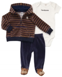 Keep your cute critter cozy in this precious 3-piece bodysuit, footed pant and jacket set from Carter's. Keep your cute critter cozy in this precious 3-piece bodysuit, footed pant and jacket set from Carter's.