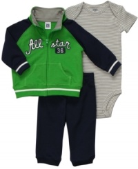 Hit his casual style out of the park with this darling athletic-inspired 3-piece bodysuit, jacket and pant set from Carter's. Hit his casual style out of the park with this darling athletic-inspired 3-piece bodysuit, jacket and pant set from Carter's.