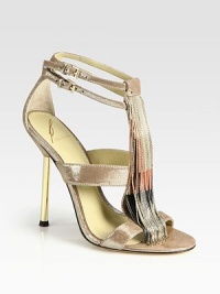 Elevated by an elegant lacquered heel, this metallic leather go-to has cascading metal fringe and adjustable ankle straps. Lacquered heel, 4½ (115mm)Metallic leather and metal fringe upperLeather lining and solePadded insoleImported Elevated by an elegant lacquered heel, this metallic leather go-to has cascading metal fringe and adjustable ankle straps. Lacquered heel, 4½ (115mm)Metallic leather and metal fringe upperLeather lining and solePadded insoleImported