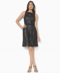 Lauren Ralph Lauren's delicate lace dress is crafted with glistening metallic threads for a modern, feminine touch. Lauren Ralph Lauren's delicate lace dress is crafted with glistening metallic threads for a modern, feminine touch.