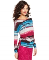 Watercolor stripes add a bold splash of brights to this Kensie top -- perfect for infusing color into your winter wardrobe! Watercolor stripes add a bold splash of brights to this Kensie top -- perfect for infusing color into your winter wardrobe!