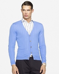 Crafted in a trim silhouette for modern polish, a handsome V-neck cardigan is knit in luxurious Italian cashmere yarns for a supremely soft hand. Crafted in a trim silhouette for modern polish, a handsome V-neck cardigan is knit in luxurious Italian cashmere yarns for a supremely soft hand.