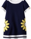 Hartstrings Girls 2-6X Little Knit Ponte Short Sleeve Dress With Flower Applique, Lite Navy, 4