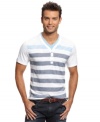 Need to top off your cool denim look? Try this striped y-neck t-shirt from INC International Concepts for an update on your style.