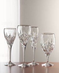The classic cut-crystal pattern of the Caprice Platinum wine glass now features a polished band of platinum along the rim for an extra touch of elegance. The classic cut-crystal pattern of the Caprice Platinum wine glass now features a polished band of platinum along the rim for an extra touch of elegance.