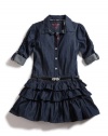 GUESS Kids Girls Shirtwaist Dress with Adjustable Sleeves, DARK STONEWASH (14)