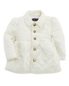 The classic diamond-quilted microfiber barn jacket is prettily updated with puffed sleeves, an empire waist and a preppy corduroy collar.