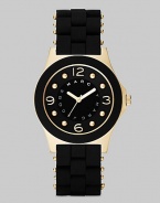 A sleek, understated timepiece with goldplated accents and wrapped stainless steel bracelet.Quartz movement Water resistant to 3 ATM Goldplated stainless steel case, 36.5mm, (1.43) Black dial with concave ring Goldplated numeral and dot hour markers Second hand Silicon wrapped stainless steel bracelet, 18mm, (.71) Imported 