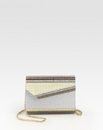 Textured metallic acrylic crafted in a chic flap design that can be worn along the shoulder or held as a clutch.Chain shoulder strap, 21½ dropFlap snap closureOne inside open pocketSatin lining6½W X 5H X 2DMade in Italy