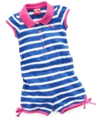 Keep her comfortably moving in sporty style throughout the day with this striped romper from Puma. Keep her comfortably moving in sporty style throughout the day with this striped romper from Puma.