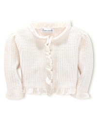 Pointelle ruffles decorate a flat-knit cotton cardigan with sweet, timeless charm. Pointelle ruffles decorate a flat-knit cotton cardigan with sweet, timeless charm.