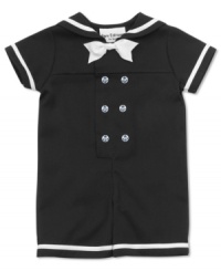He'll be ready to set sail in this adorable romper by Rare Editions. Includes cute matching hat. He'll be ready to set sail in this adorable romper by Rare Editions. Includes cute matching hat.