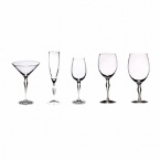 Balans glasses have sensuous, tear-shaped stems, lending perfect balance to form and hand. Shown left to right: martini, flute, wine, goblet, iced beverage.