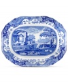 With a quaint country scene and the Imari Oriental border of Spode's Blue Italian dinnerware, this porcelain oval platter lends distinct old-world charm to traditional tables.