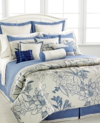 On cloud nine. Rest upon a bed of flowers with this 5th & Bloom comforter set, boasting an oversized floral silhouette design in serene blue and ivory colors. Solid-colored elements and five decorative pillows with distinct textures and designs complete this soothing ensemble. On cloud nine. Rest upon a bed of flowers with this 5th & Bloom comforter set, boasting an oversized floral silhouette design in serene blue and ivory colors. Solid-colored elements and five decorative pillows with distinct textures and designs complete this soothing ensemble.