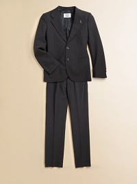 Impeccable tailoring in Italian virgin wool with just the right touch of stretch.Notched collar jacket with logo pin Front button closure Chest pocket Lower welt pockets Long sleeves with functional button cuffs Double back vents Flat front pants Button and zip fly Front slash pockets Back button-through pocket 95% virgin wool/5% elastic Dry cleanMade in Italy Please note: number of buttons may vary depending on size ordered. Impeccable tailoring in Italian virgin wool with just the right touch of stretch.Notched collar jacket with logo pin Front button closure Chest pocket Lower welt pockets Long sleeves with functional button cuffs Double back vents Flat front pants Button and zip fly Front slash pockets Back button-through pocket 95% virgin wool/5% elastic Dry cleanMade in Italy Please note: number of buttons may vary depending on size ordered.