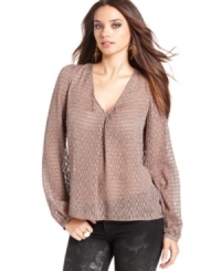 Go for on-trend texture with this sheer GUESS blouse -- perfect for a fluid, feminine look! Go for on-trend texture with this sheer GUESS blouse -- perfect for a fluid, feminine look!