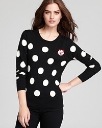 A lively shower of classic white polka dots and a curious little cat print are the fun, retro-inspired details that add color and a touch of whimsy to this eye-catching French Connection sweater. A lively shower of classic white polka dots and a curious little cat print are the fun, retro-inspired details that add color and a touch of whimsy to this eye-catching French Connection sweater.