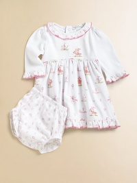 Your little princess will look the part in this charming pima cotton print right out of a fairy tale.Round neckline with embroidered ruffle Solid bodice with embroidery Empire waist with soft gathering Long sleeves with embroidered ruffles Contrast scalloped edging Back snaps Ruffled hem Bloomer in complementary print with elastic waist and leg openings Cotton Machine washImported Please note: Number of snaps may vary depending on size ordered. Your little princess will look the part in this charming pima cotton print right out of a fairy tale.Round neckline with embroidered ruffle Solid bodice with embroidery Empire waist with soft gathering Long sleeves with embroidered ruffles Contrast scalloped edging Back snaps Ruffled hem Bloomer in complementary print with elastic waist and leg openings Cotton Machine washImported Please note: Number of snaps may vary depending on size ordered.