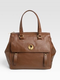 This luxuriously supple leather carryall with studded straps and a single top handle, conveys easy elegance.Top handle, 6½ drop Top zip closure One outside snap pocket Protective metal feet One inside zip pocket One inside open pocket Fully lined 13W X 13H X 6D Made in Italy This luxuriously supple leather carryall with studded straps and a single top handle, conveys easy elegance.Top handle, 6½ drop Top zip closure One outside snap pocket Protective metal feet One inside zip pocket One inside open pocket Fully lined 13W X 13H X 6D Made in Italy