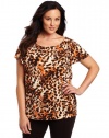 Anne Klein Women's Animal Print Top, Orange/Brown/Beige, 1X