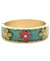 Give her flowers that will never die. Betsey Johnson's chic slip-on bangle features a glittery blue surface decorated with pink and yellow crystal-accented flowers. Set in gold-plated mixed metal. Approximate diameter: 4 inches.