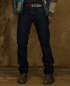 A classic straight-fitting jean in versatile dark indigo denim is a sleek, modern wardrobe essential.