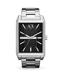 Modern with a boldly sized face. Armani Exchange's silver-plated tank watch boasts an angular design and advanced movement, making it a smart choice for the office and cool enough to take off the clock. Modern with a boldly sized face. Armani Exchange's silver-plated tank watch boasts an angular design and advanced movement, making it a smart choice for the office and cool enough to take off the clock.