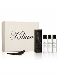 A fragrance inspired by Plum from Damascus, a delicate fruit with a smooth note redolent of an alcove inhabited by languid lovers. A travel spray for men and women. A magnetic object, literally. A monolith engraved with the Achilles' shield, signature of L'Oeuvre noire collection. As always, the travel spray is refillable, to travel with your favorite Kilian fragrance. Set of four 0.25 oz. sprays. A fragrance inspired by Plum from Damascus, a delicate fruit with a smooth note redolent of an alcove inhabited by languid lovers. A travel spray for men and women. A magnetic object, literally. A monolith engraved with the Achilles' shield, signature of L'Oeuvre noire collection. As always, the travel spray is refillable, to travel with your favorite Kilian fragrance. Set of four 0.25 oz. sprays.