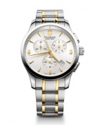 A handsome chronograph with signature Victorinox Swiss Army sophistication. Alliance collection watch crafted of two-tone stainless steel bracelet and round case with anti-reflective sapphire crystal. Silver tone chronograph dial features applied gold tone stick indices, numerals at three, six and nine o'clock, date window, three subdials, three hands and logo at twelve o'clock. Swiss quartz movement. Water resistant to 100 meters. Three-year limited warranty.