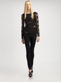 Capture highly coveted style in this sultry lace top with a boatneck and length that hits below the hips. BoatneckLong sleevesLonger length hits below the hipsBody: 90% nylon/10% spandexTrim: 96% rayon/4% spandexDry cleanMade in USA of imported fabricModel shown is 5'9½ (176cm) wearing US size Small. Capture highly coveted style in this sultry lace top with a boatneck and length that hits below the hips. BoatneckLong sleevesLonger length hits below the hipsBody: 90% nylon/10% spandexTrim: 96% rayon/4% spandexDry cleanMade in USA of imported fabricModel shown is 5'9½ (176cm) wearing US size Small.