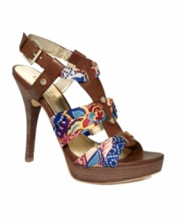 Perfectly polished with a bohemian edge. With a sexy combination of leather and printed satin, the Kaedi sandals by GUESS take your summer footwear to the next level. Perfectly polished with a bohemian edge. With a sexy combination of leather and printed satin, the Kaedi sandals by GUESS take your summer footwear to the next level.
