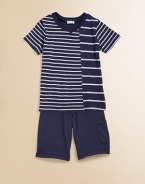 A soft v-neck with a plethora of contrasting stripes meets a pair of cool shorts with side pocket.V-neckShort sleevesPullover styleElastic waistSide pocket39% supima cotton/39% micro modal/22% polyesterMachine washMade in USA