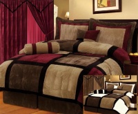 7 Pieces Burgandy Brown Black & Beige Micro Suede Patchwork Comforter Bedding Set Washable Full Size 7 Pieces Burgandy Brown Black & Beige Micro Suede Patchwork Comforter Bedding Set Washable Full Size