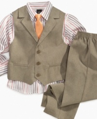 Lighten up! This shirt, vest and pant set with matching tie from Sean John is a great light color alternative to the basic black suit. Lighten up! This shirt, vest and pant set with matching tie from Sean John is a great light color alternative to the basic black suit.
