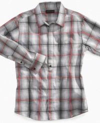 Crisp, streamlined cool. This Sean John plaid shirt features a hidden-button placket for a sleek style. Crisp, streamlined cool. This Sean John plaid shirt features a hidden-button placket for a sleek style.