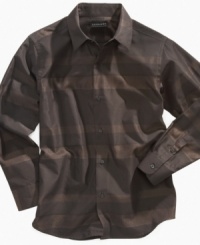 This shirt complements slacks or jeans and can be worn tucked or untucked.