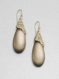 From the Lucite Modular Collection. Sensuously smooth teardrops of hand-painted, hand-sculpted Lucite hang temptingly from jeweled golden caps set with Swarovski crystals sapphire-colored glass.Crystal and glassLuciteGoldtoneLength, about 2.1Ear wireMade in USA