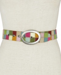 A colorful quilt of squares creates a memorable look finished with a quaint, oval buckle.