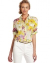 Calvin Klein Women's Printed Button Up Roll Sleeve Shirt, Tulip Multi, Large