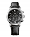 The modern man's must-have accessory. Watch by Hugo Boss crafted of black croc-embossed leather strap and round stainless steel case. Textured black chronograph dial features silver tone Roman numerals, date window, three subdials, luminous hands and logo. Quartz movement. Water resistant to 30 meters. Two-year limited warranty.