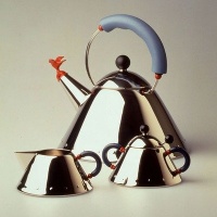 9093 Signature 67oz Whistle Tea Kettle with Bird Whistle by Michael Graves,1985 Color: Polished Steel with Blue Handle and Red Whistle 9093 Signature 67oz Whistle Tea Kettle with Bird Whistle by Michael Graves,1985 Color: Polished Steel with Blue Handle and Red Whistle