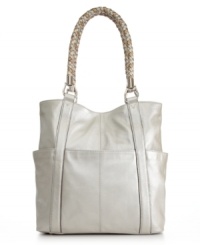 Shimmering in silver metallic leather with woven braided handles, this gorgeous silhouette from Tignanello is the perfect summer accessory. Gleaming hardware and fine detail stitching lend an elegant look, while discrete pockets inside and out keep essentials perfectly organized. Shimmering in silver metallic leather with woven braided handles, this gorgeous silhouette from Tignanello is the perfect summer accessory. Gleaming hardware and fine detail stitching lend an elegant look, while discrete pockets inside and out keep essentials perfectly organized.